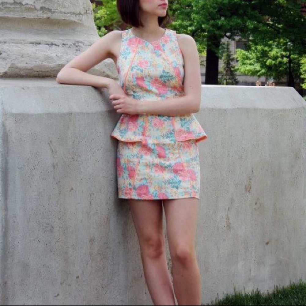 Floral Stretch Twill Dress with Peplum